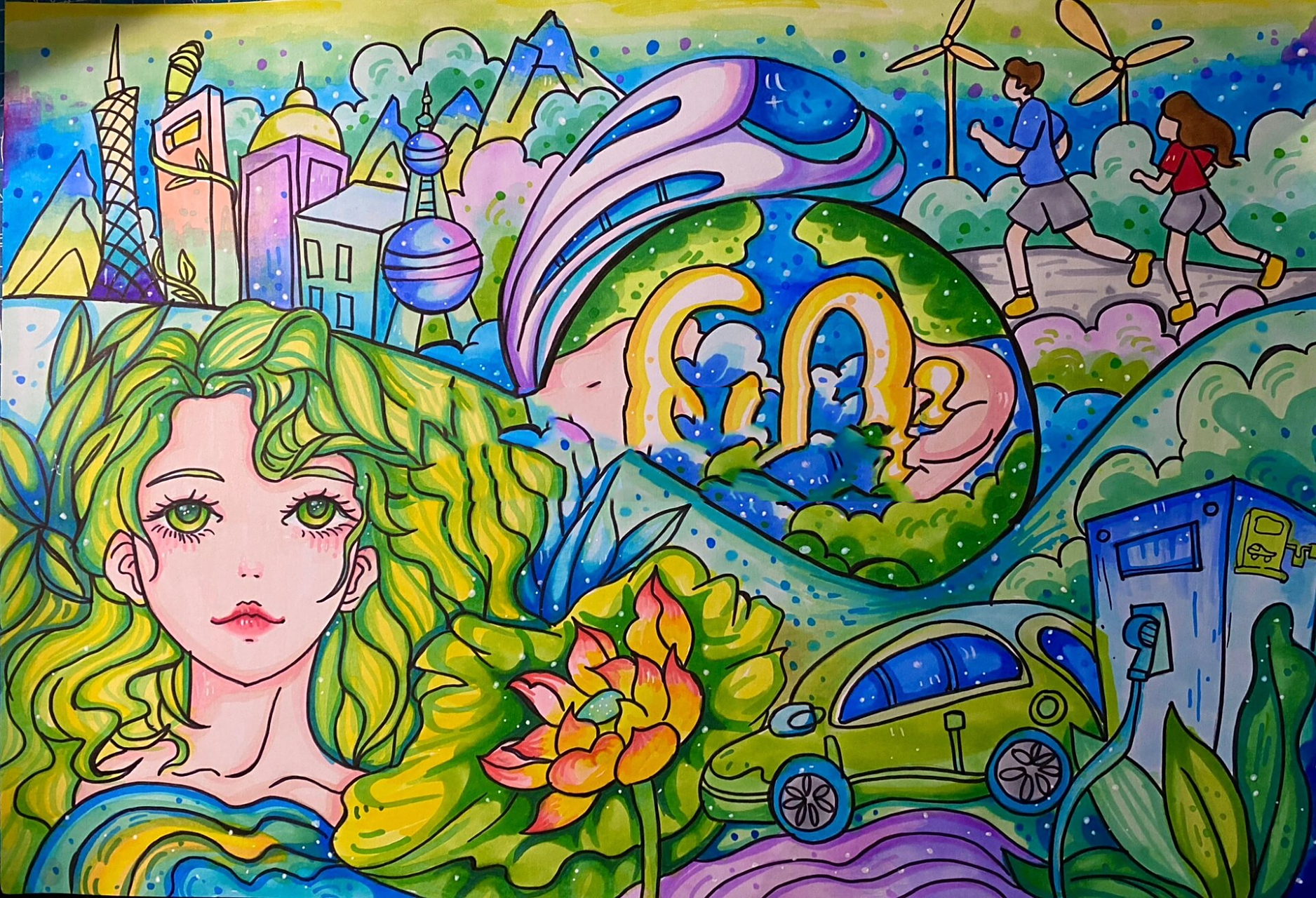 马克笔# #视觉传达设计考研手绘##主题画# #绿色出行低碳环保