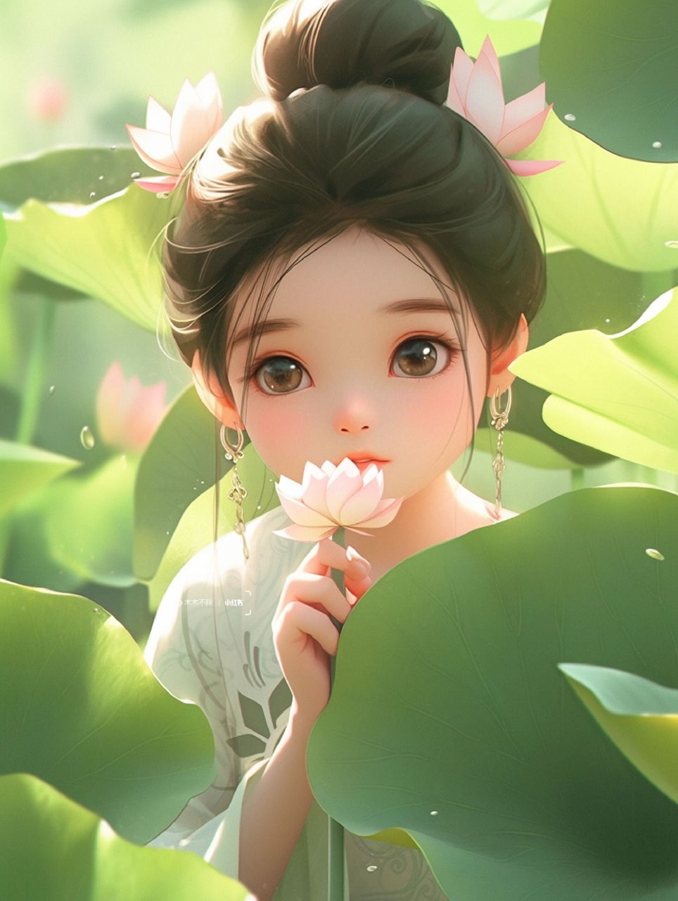 可爱的荷花女孩头像|古风汉服小女孩壁纸     