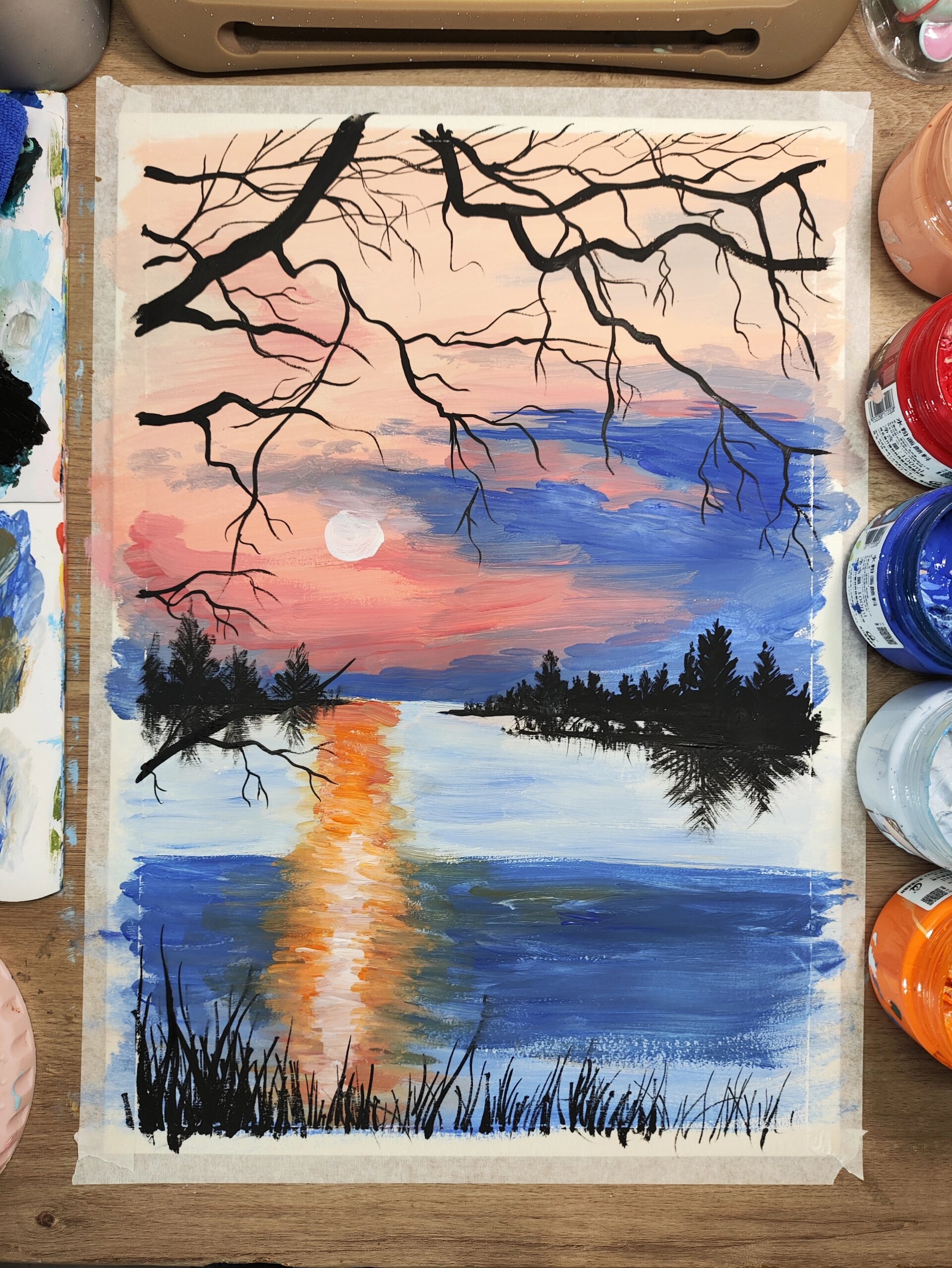 儿童水粉～落日倒影