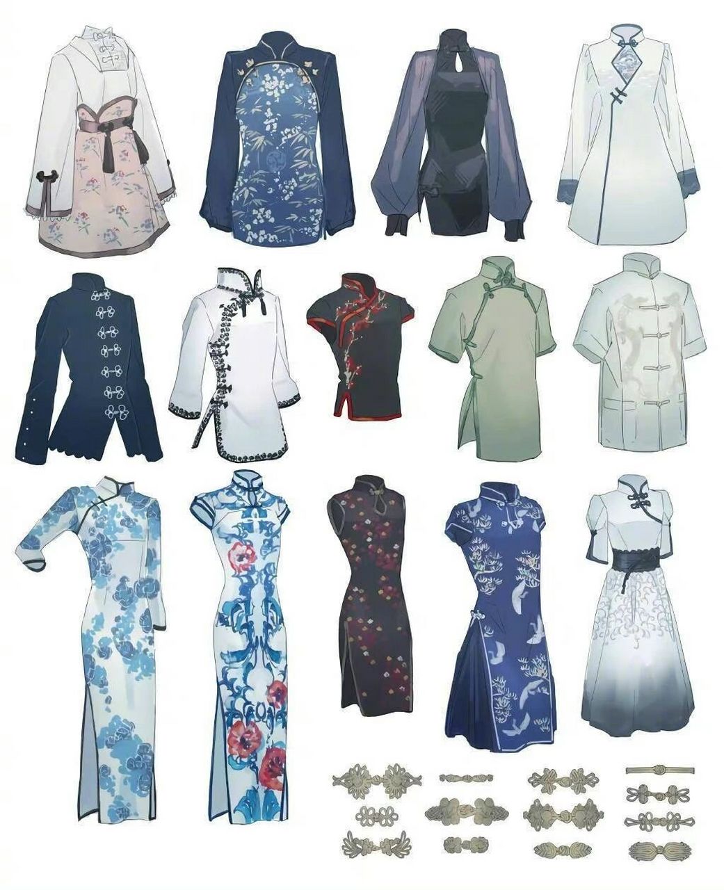 服装设计丨服装插画设计丨绘画素材 旗袍款式设计丨服饰纽扣设计丨