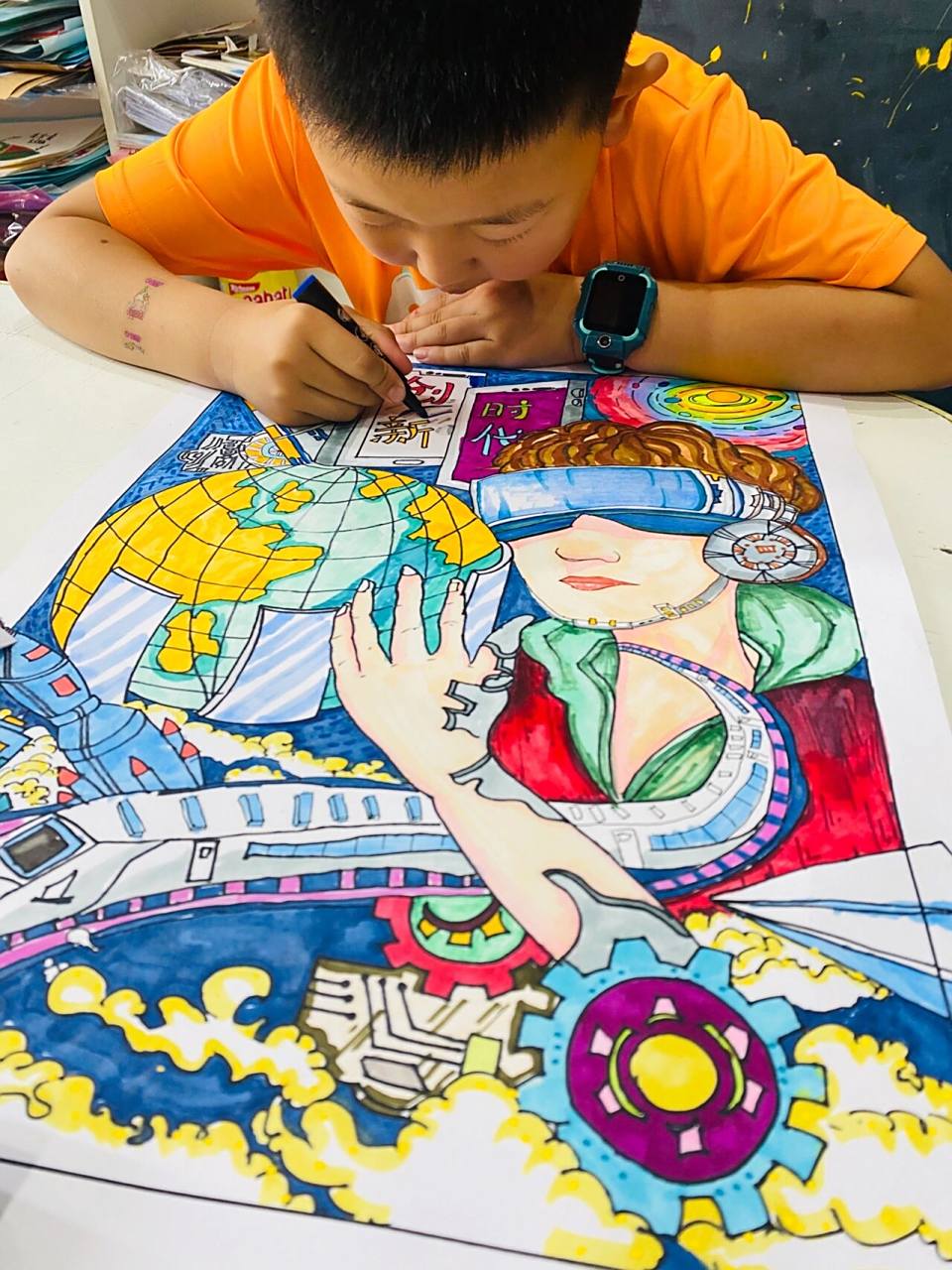 创新科技主题绘画作品 9岁半学员,4开大小 参考有向立里老师及他学员