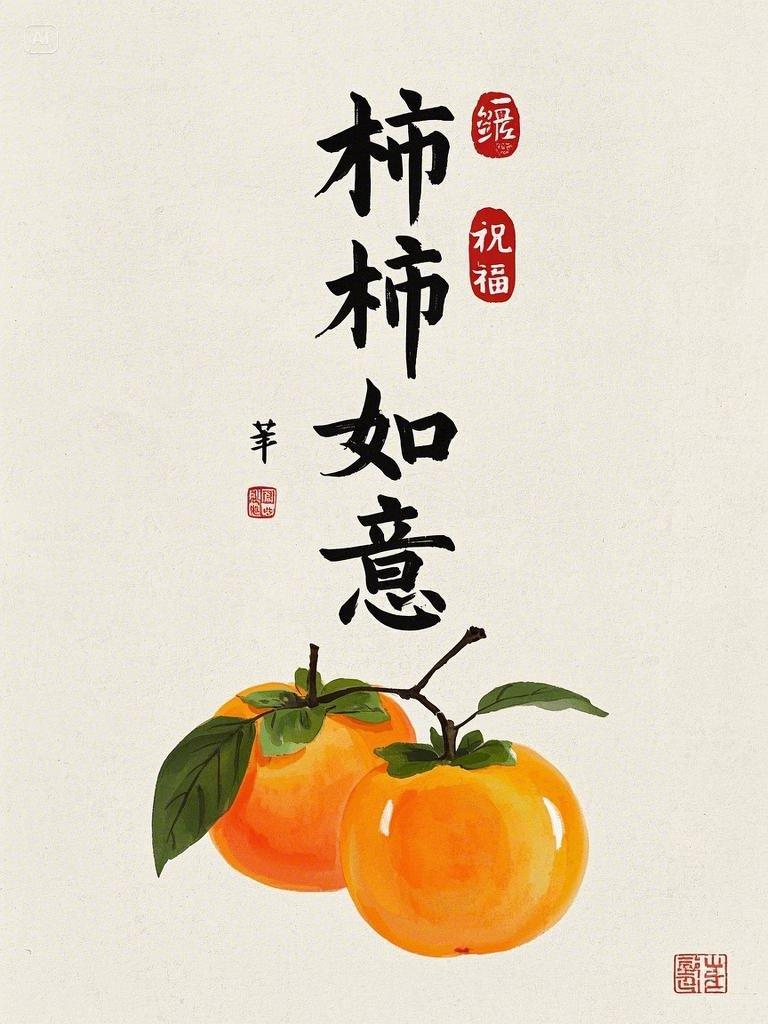 白色背景中,呈现一幅竖向的装饰画,画内包含四个黑色书法字柿柿如意