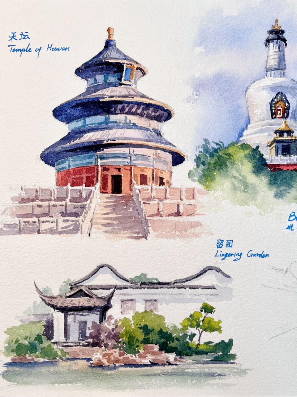 水彩插画-中国传统建筑风景速写