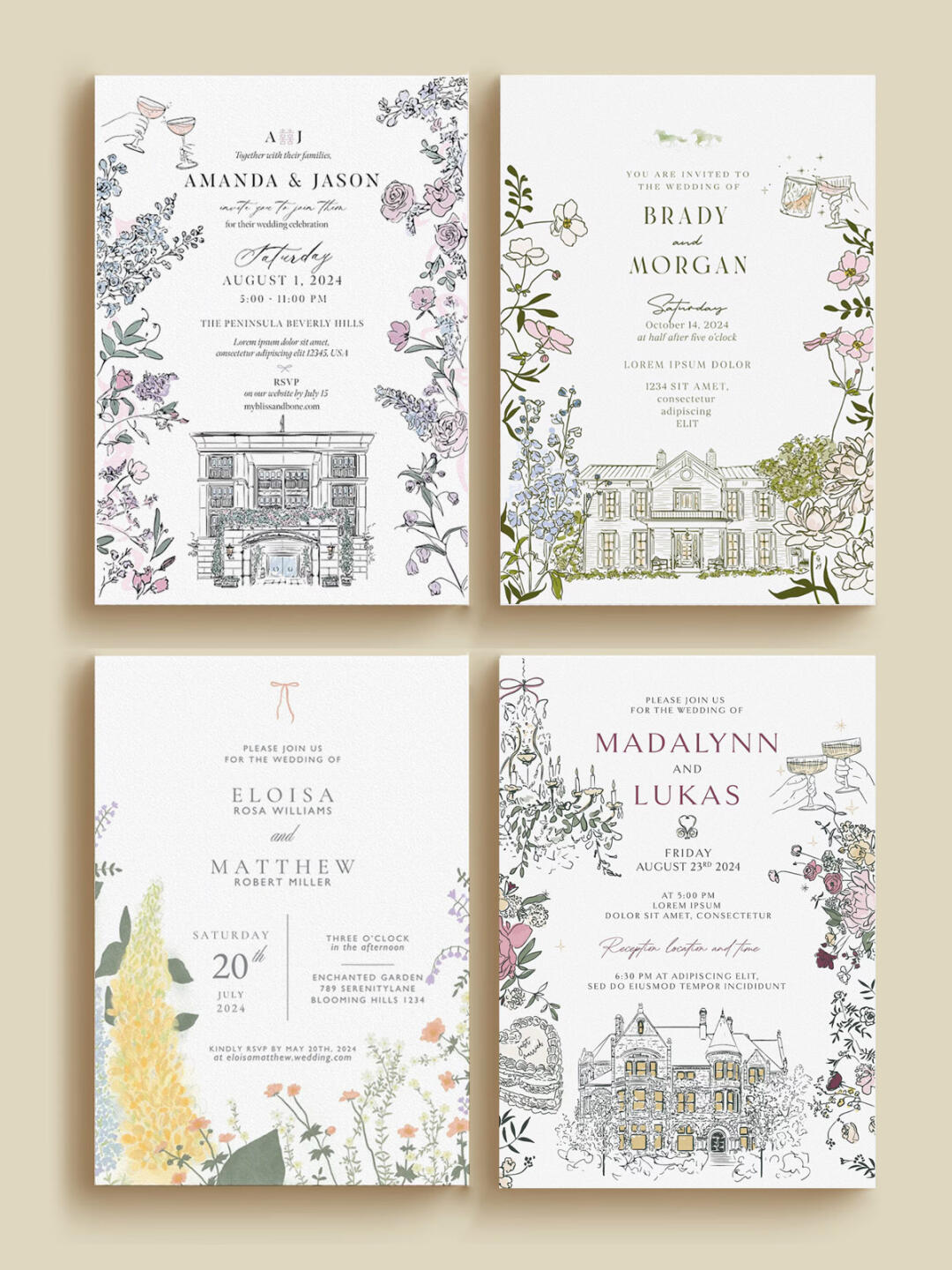 手绘婚礼邀请函设计建筑手绘花卉水彩请柬