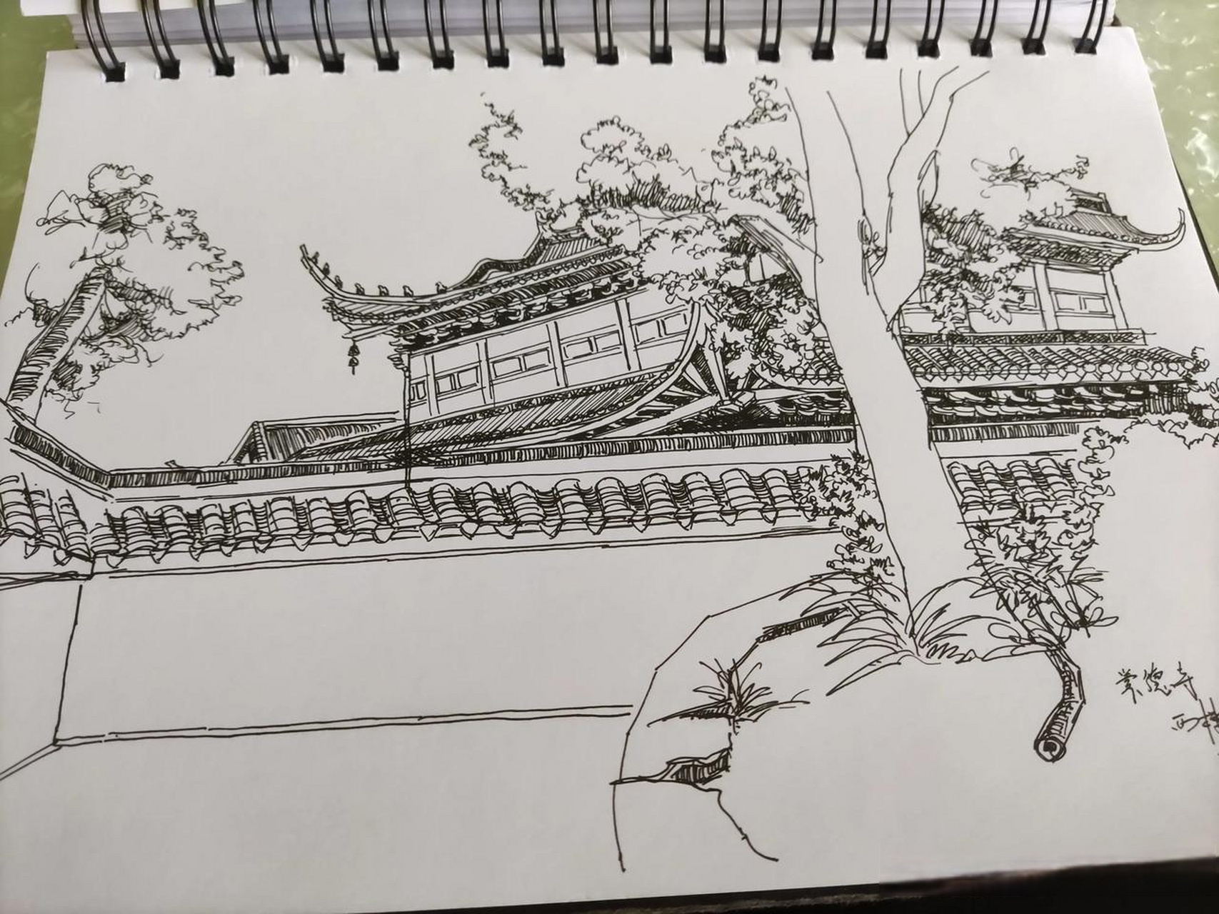 每日一画:江阴周庄镇的吴王八子墓,四面环水,前面是曹氏宗祠,后面是