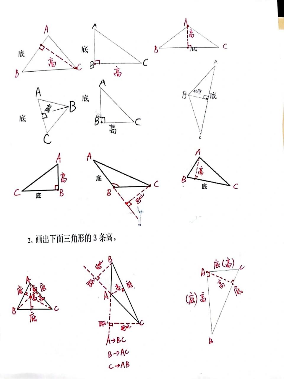 四年级数学‖三角形画高练习 三角形高的画法是学生学习三角形的认识