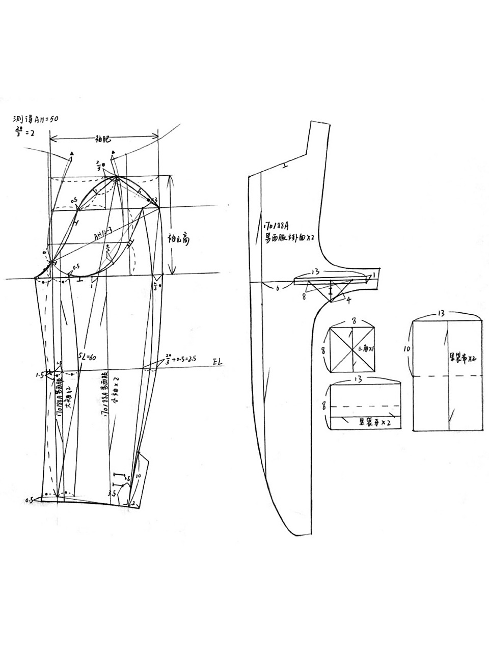 打版|男西服纸样图  四片身平驳领 平面裁 94基本数据 规格:170/88a