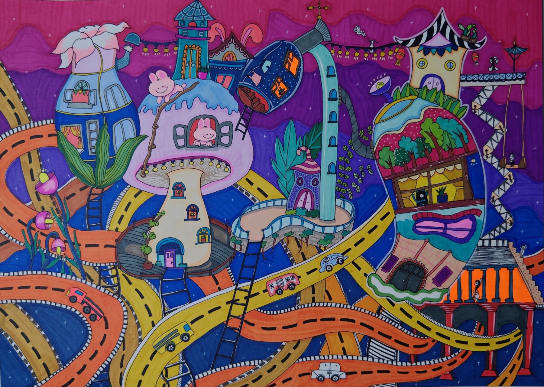 五年级科技画作品一《未来城市》 灵感来自