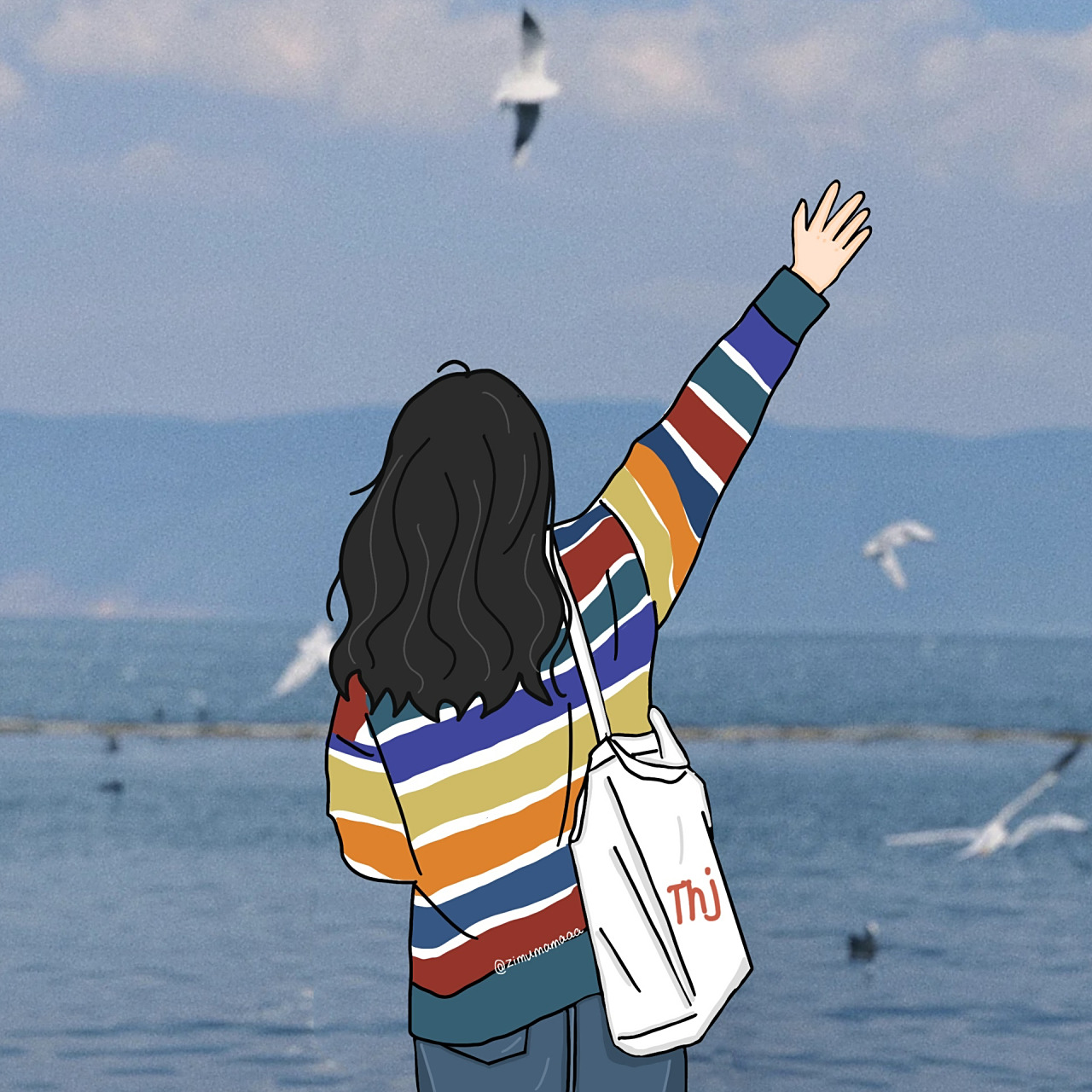 插画头像|女生背影头像