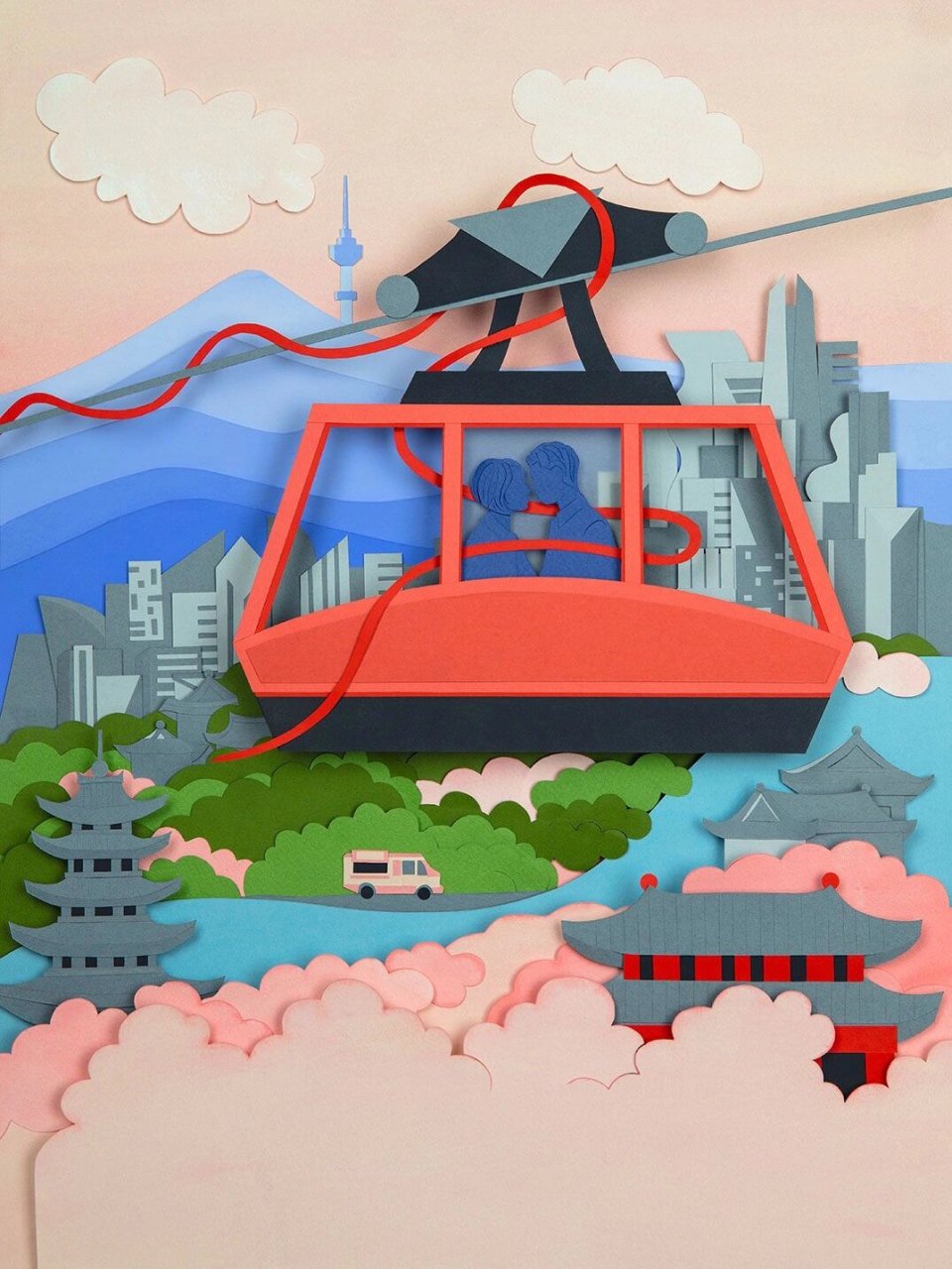 来自英国插画师helen musselwhite 用纸雕的形式表现了乘坐缆车的小