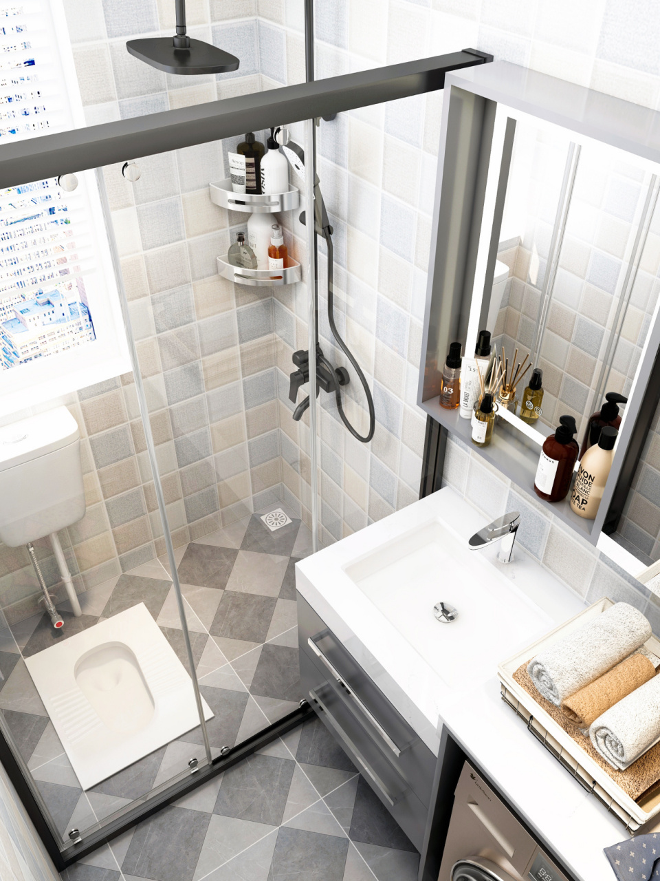 蹲厕放进淋浴房,3㎡小浴室轻松挤下洗衣机  96小小卫生间要放下洗衣