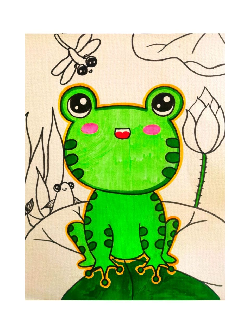小青蛙儿童画 | 附过程图 小青蛙,小蜻蜓,小鲤鱼