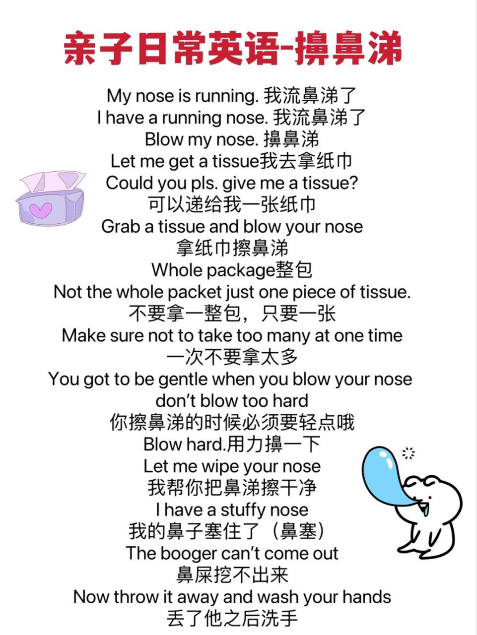 擤鼻涕 [汗]let me get a tissue 我去拿纸巾 [笑哭]could you p