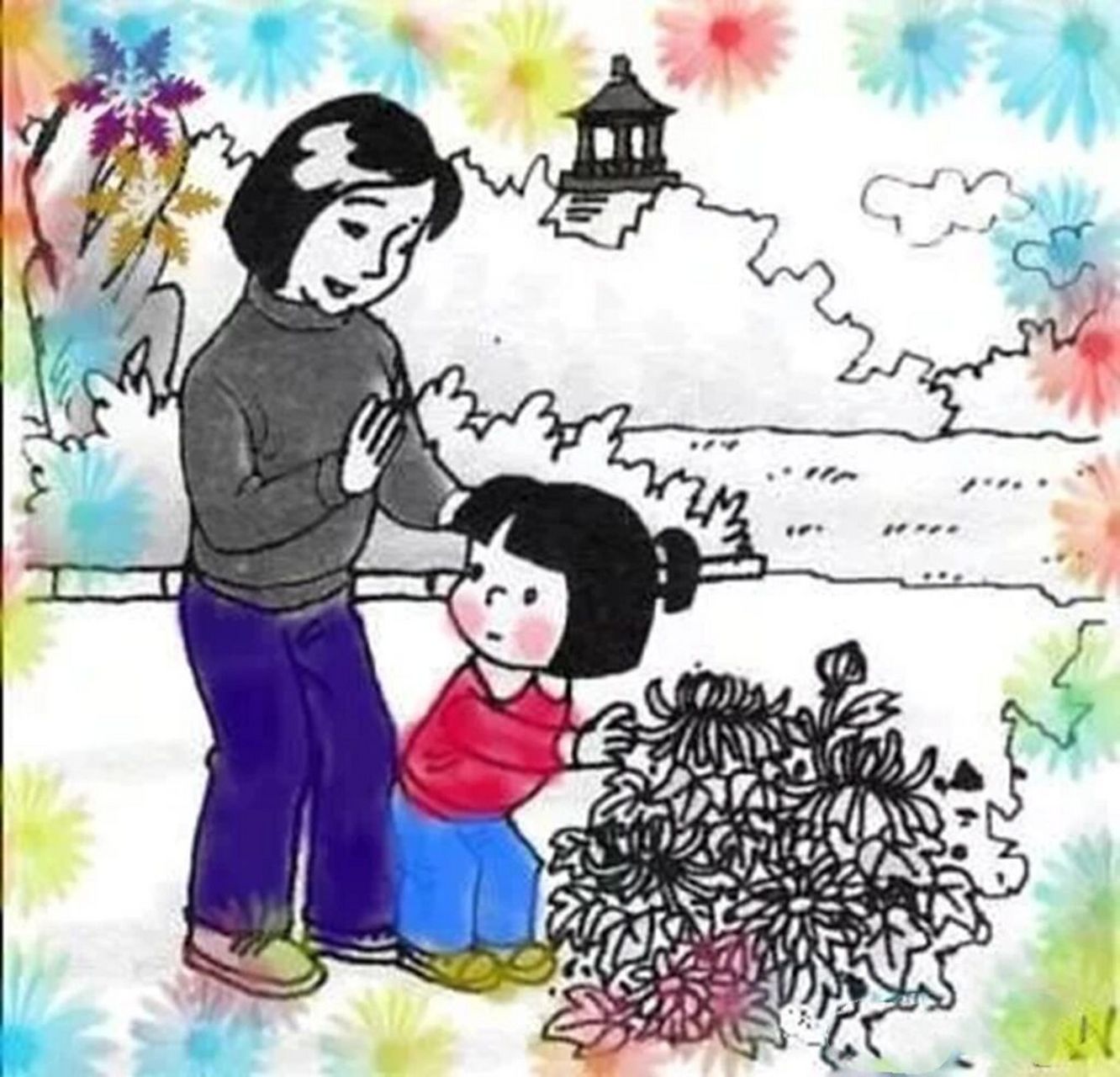 看图写话 不要摘花 秋天来了,秋高气爽,小红兴高采烈地到公园里散步.