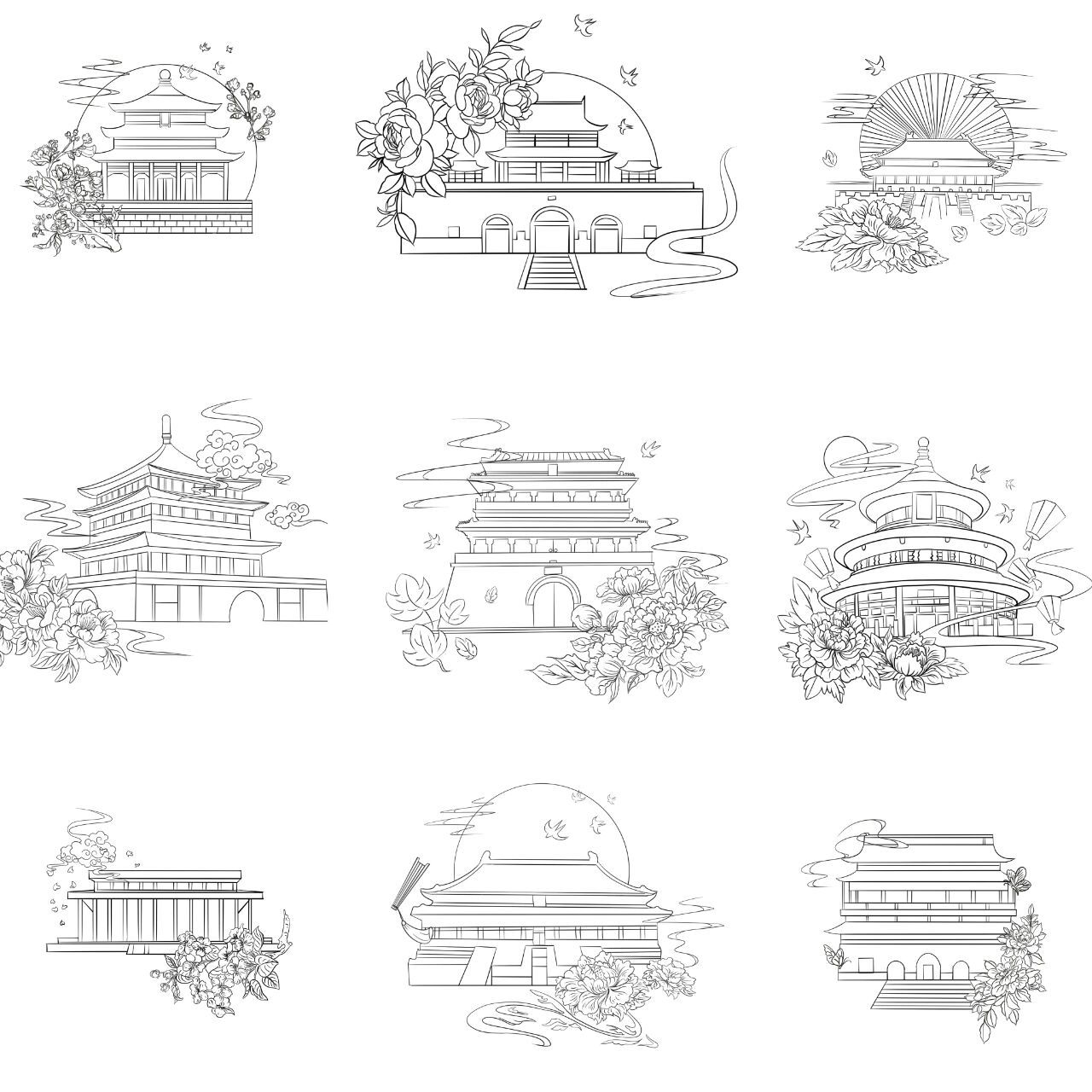 故宫建筑插画素材 故宫建筑素材插画可分享 各个宫殿剪影线稿图 ipg素