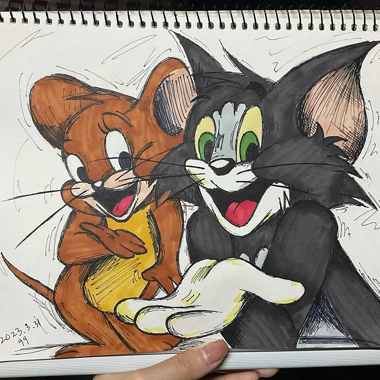 马克笔手绘|猫和老鼠 这次勾线用的是超市里随便买的双头勾线笔 用