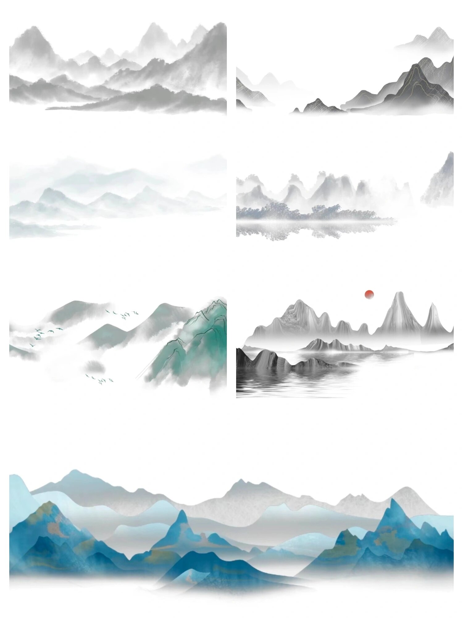今天给大家分享一份高清水墨山水免抠素材,让你的设计更加自然流畅