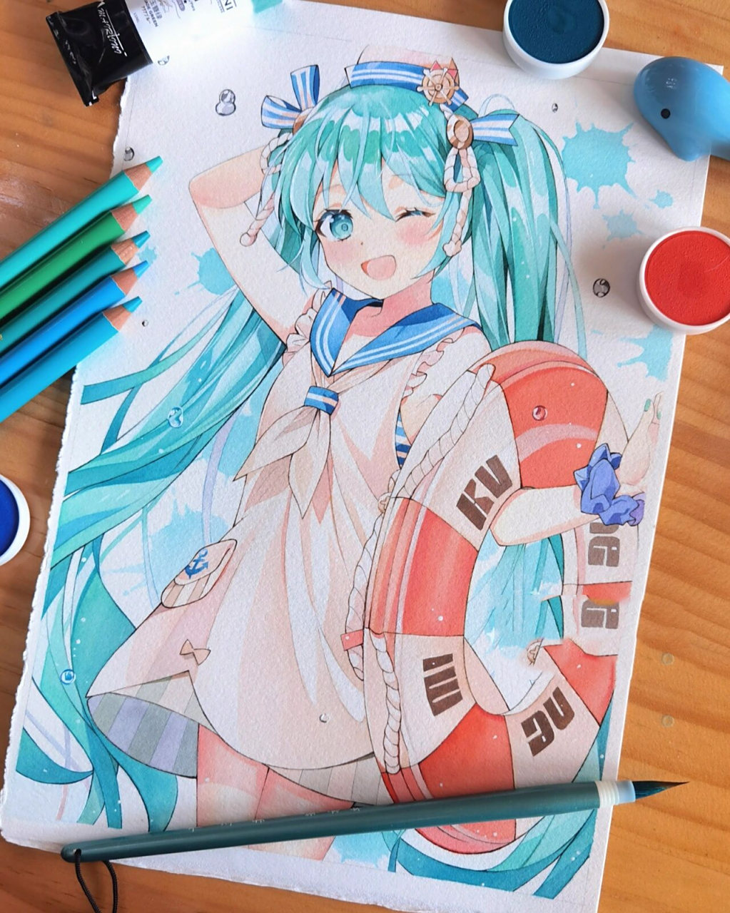 水彩手绘|初音未来|二次元动漫 清清凉凉的薄荷绿真的是太有夏天的