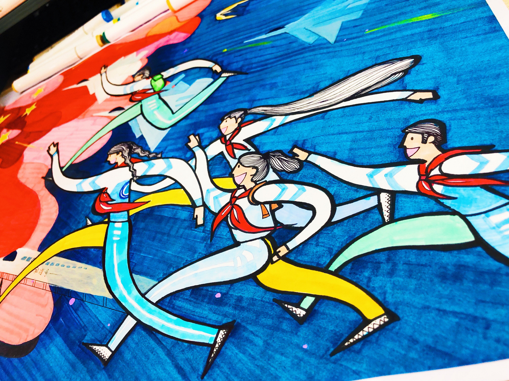 材料:绘画纸,马克笔,水粉,高光笔等