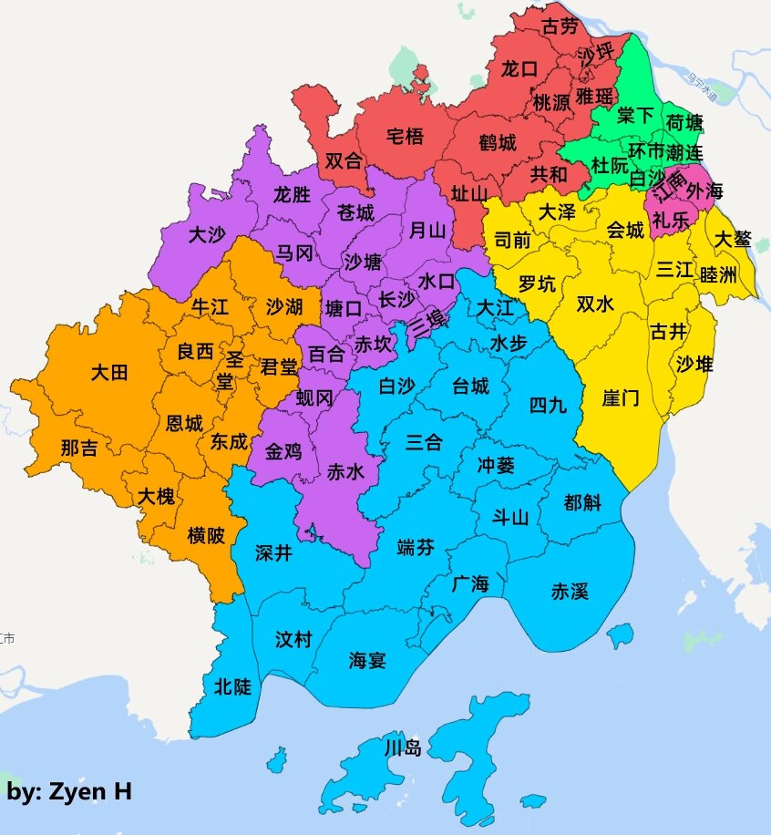 【五邑】各区市,镇街分布地图