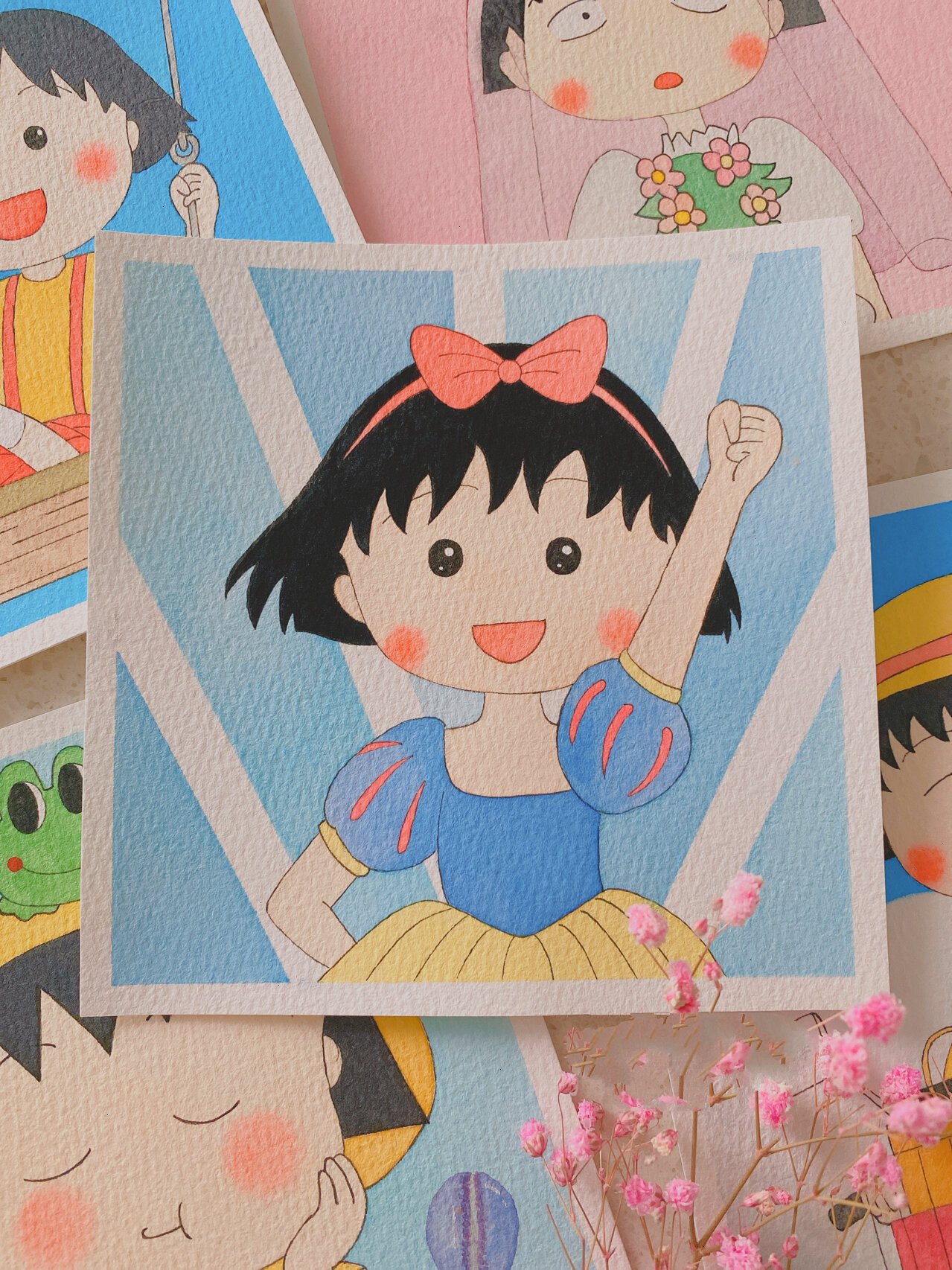 卡通水彩画|樱桃小丸子(附线稿)过程图