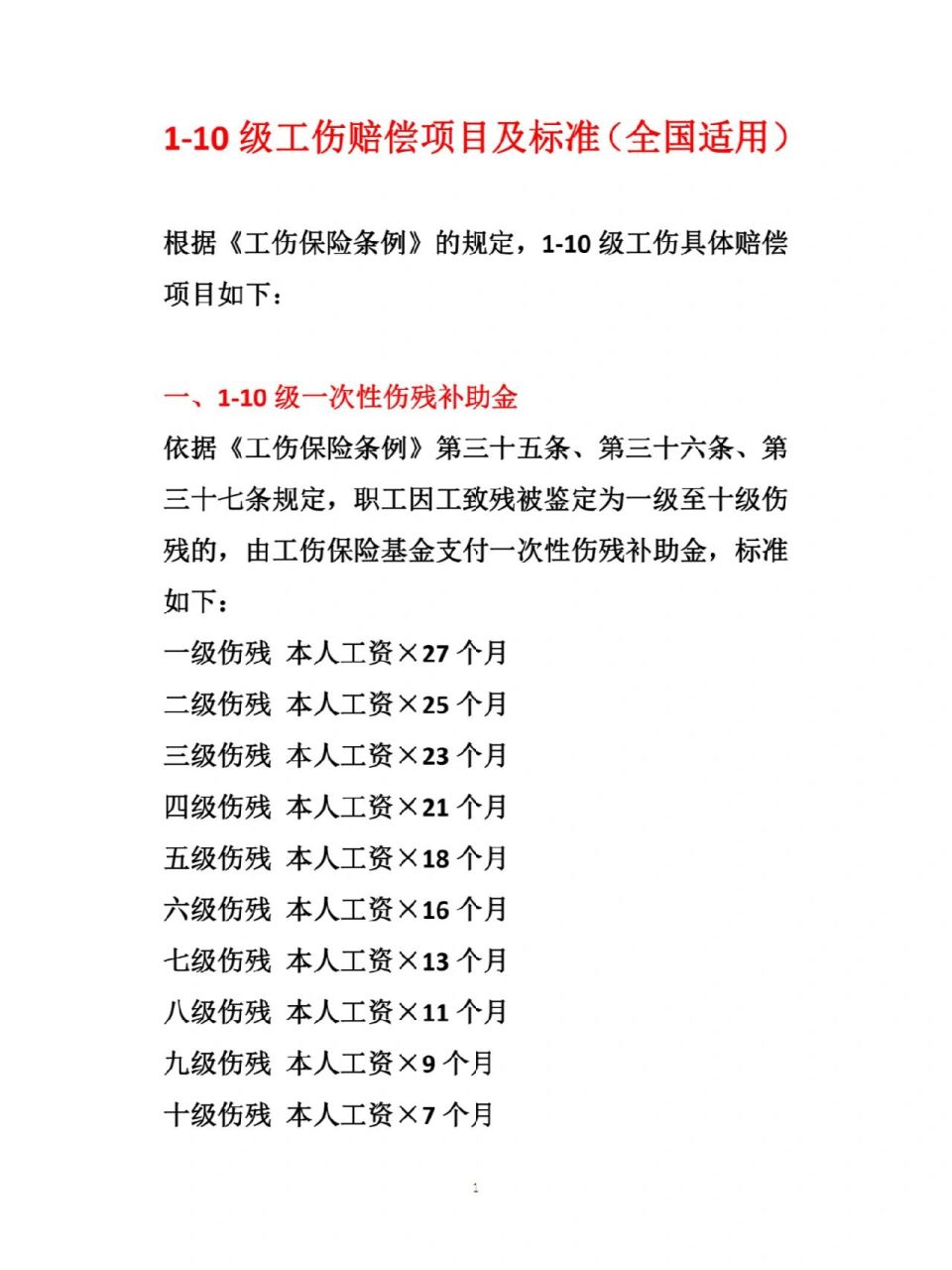 1-10级工伤赔偿项目及标准(全国适用) 发生工伤如何赔偿?