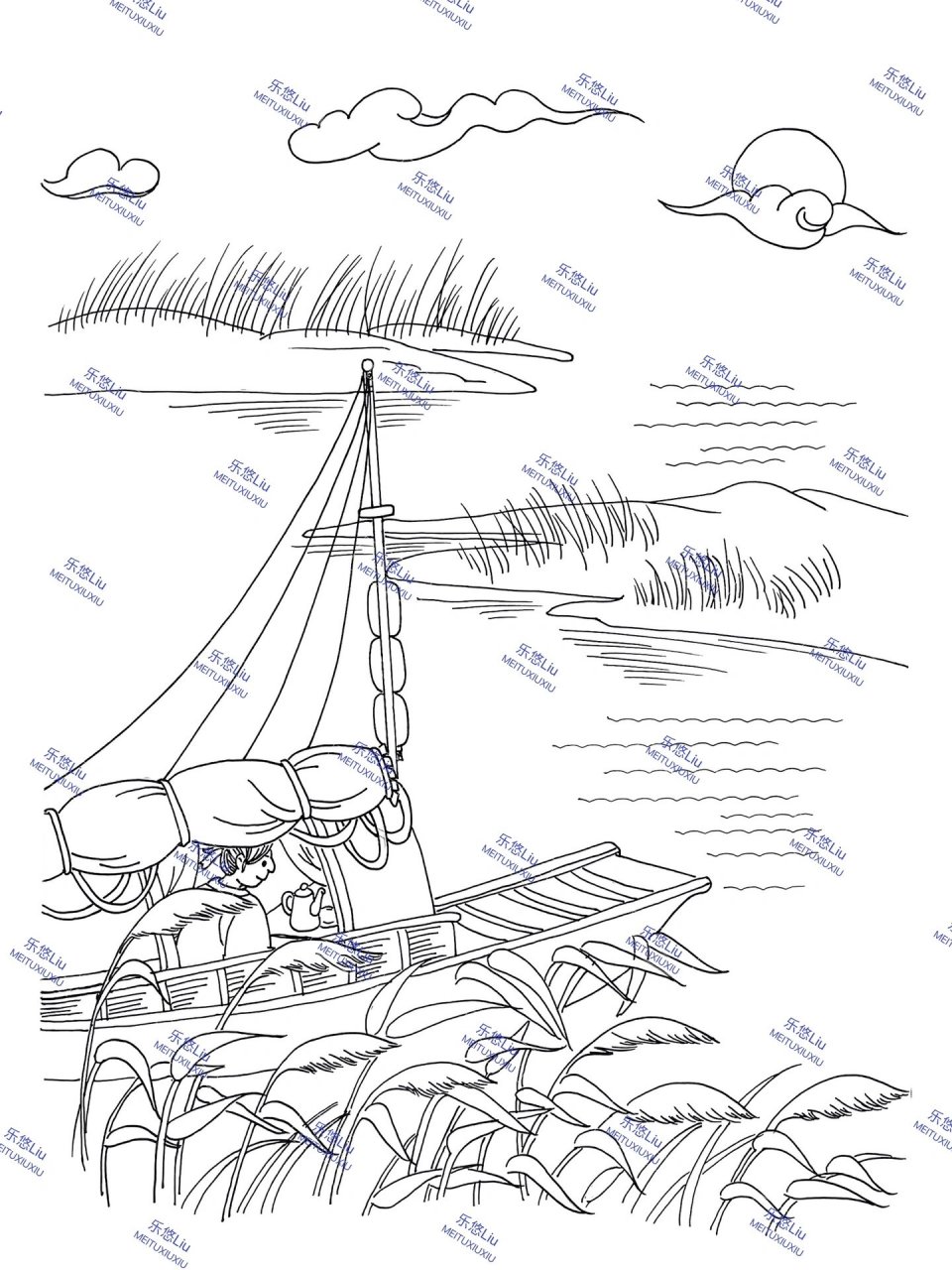 诗配画《舟夜书所见》/附线稿,上色步骤 95需要线稿请私我