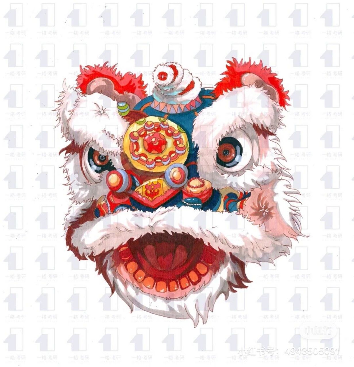 中国画马克笔舞狮头图片