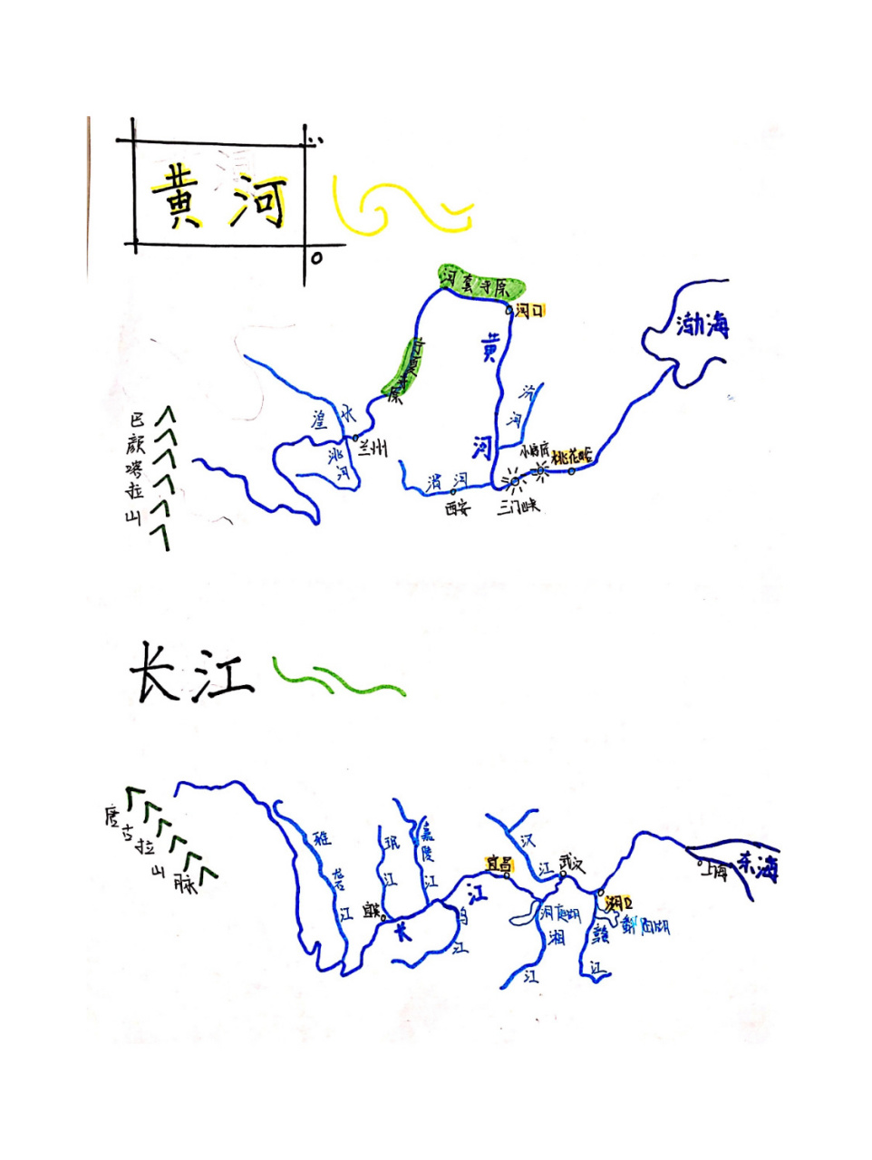 初中地理-手绘 黄河&长江简图 俺画的黄河&长江 有需要的请自取(如果