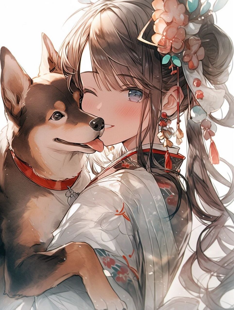 古风女生和狗狗头像壁纸 狗子也有了