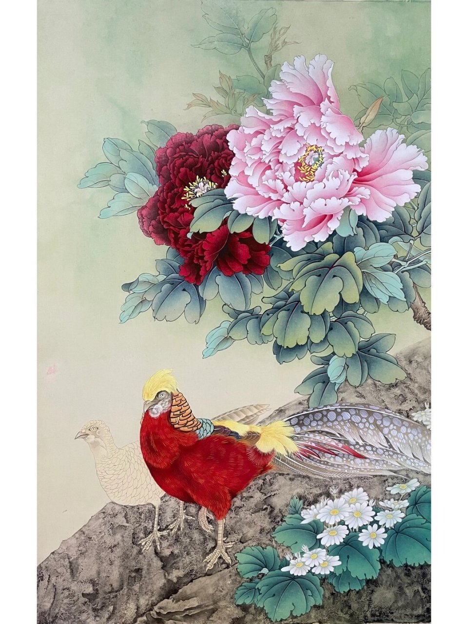 一幅80×55锦鸡牡丹完成,裱好挂在爸妈家里99 设色步骤 1.