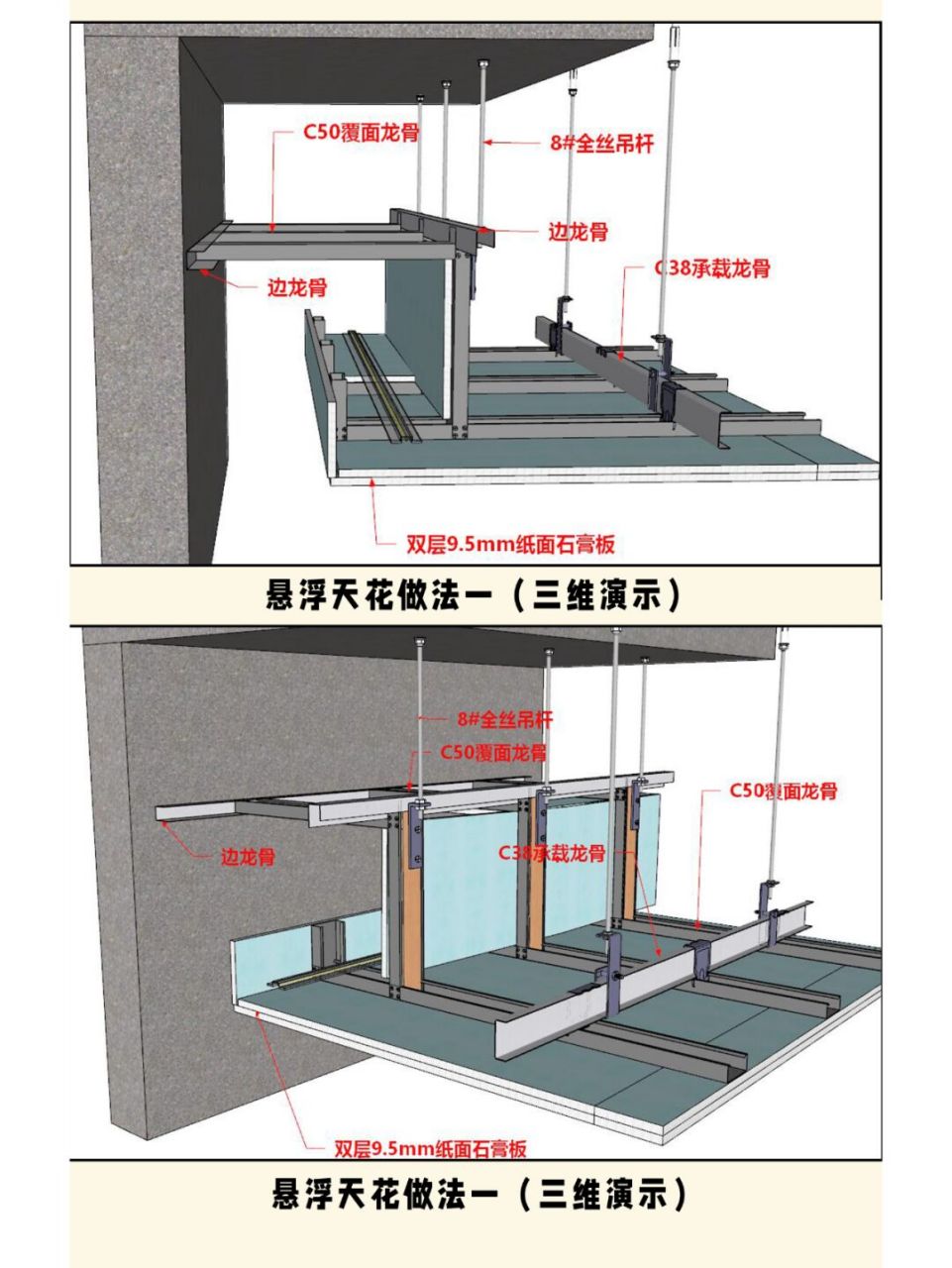 三种悬浮天花吊顶做法节点大样图分享 #cad施工图深化设计#  