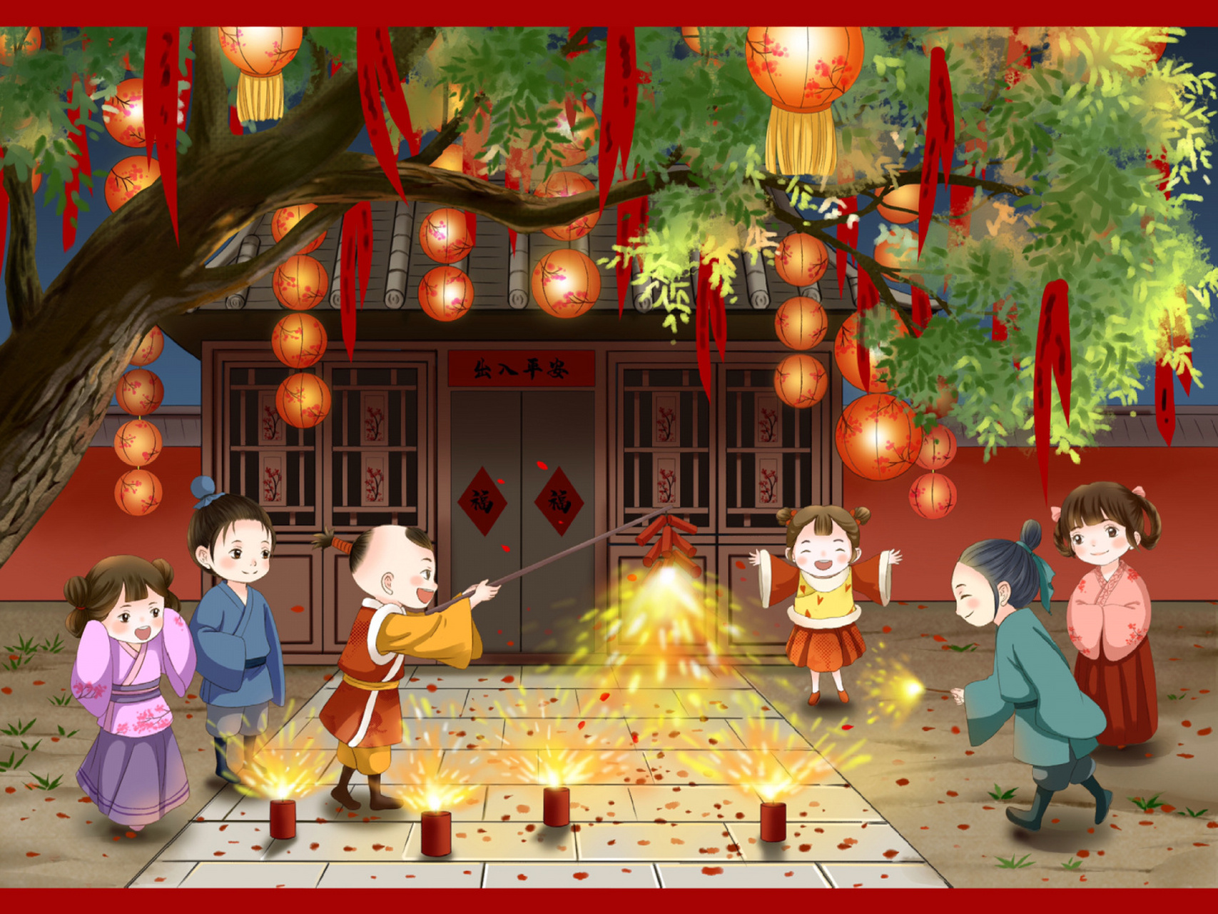 春节插画|一起放鞭炮烟花的小伙伴 春节插画素材更新了…… 各位友友