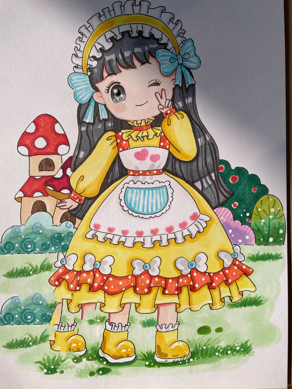 马克笔绘画-黄裙子小女孩(附过程图) 临摹自师傅 开学后画的第一幅画