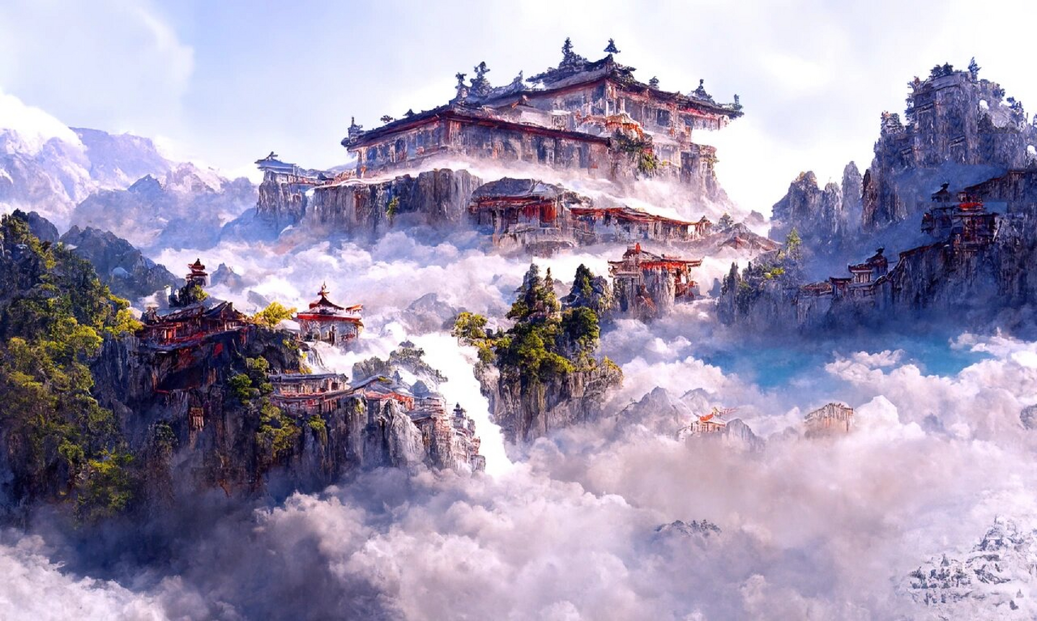 天上宫阙 | ai绘画96 川原缭绕浮云外,宫阙参差落照间.