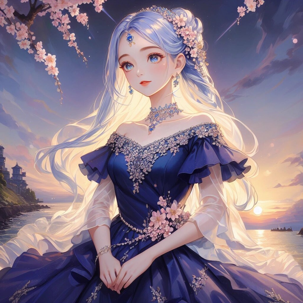 动漫头像|美少女公主樱花 白发蓝色系仙女