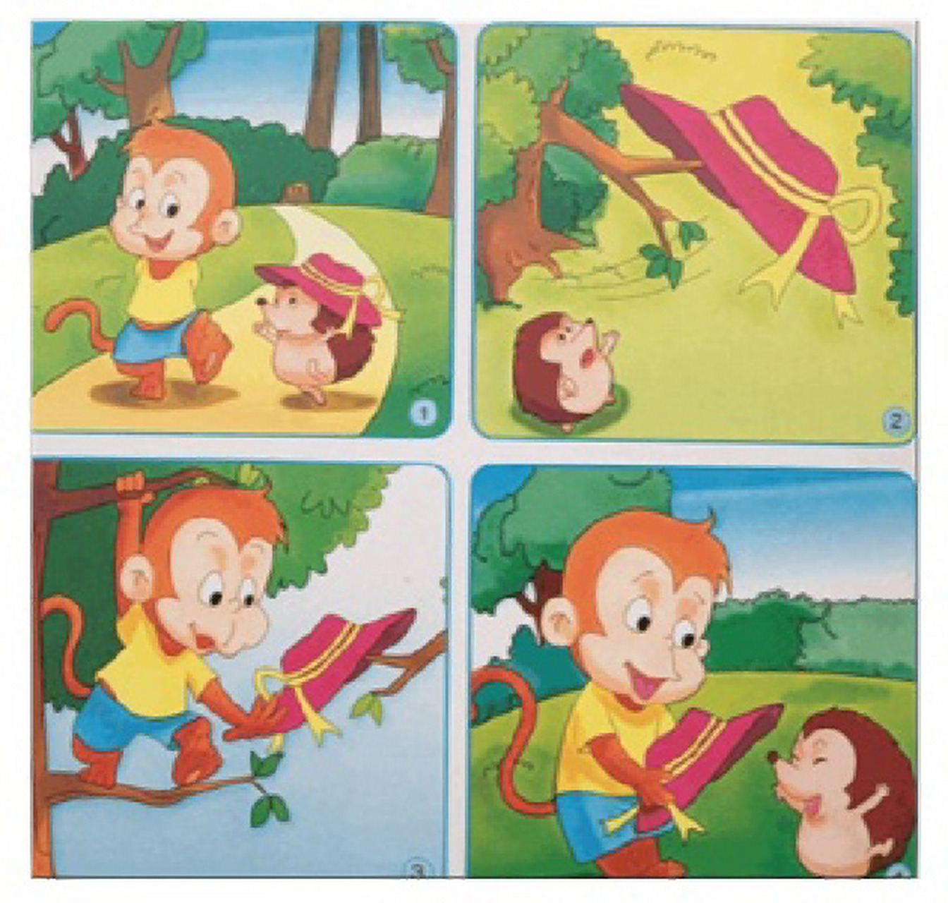 话 失而复得的帽子 在一个阳光灿烂的日子,小猴和小刺猬到森林里散步