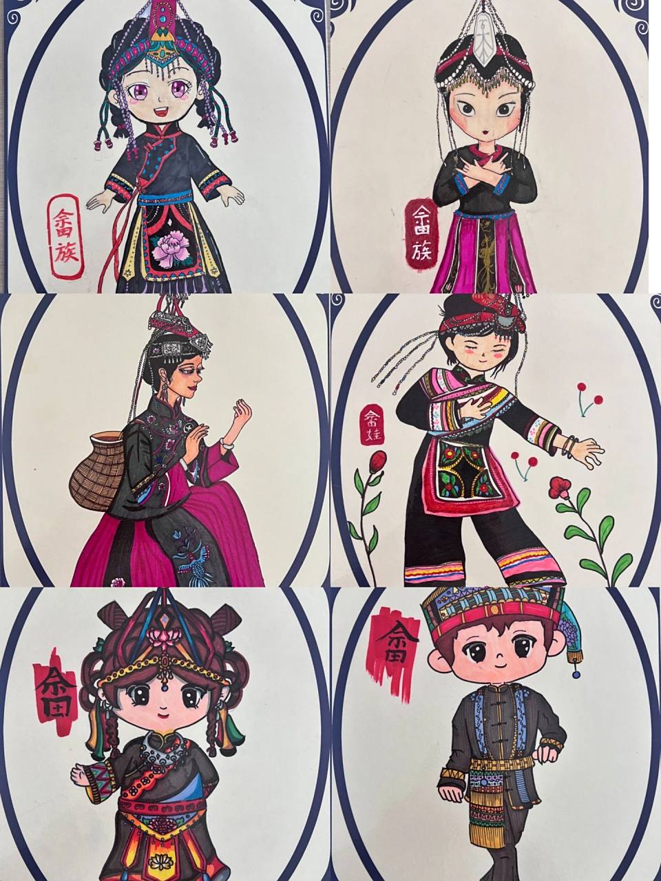 孩子们真的太棒啦 人物画系列畲族素材很少孩子们都发挥自己想法