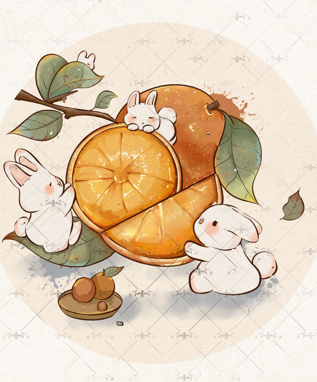 原创可爱国风水果商业插画|心想事橙|橙子 嘿嘿,终于粉丝小可爱有100