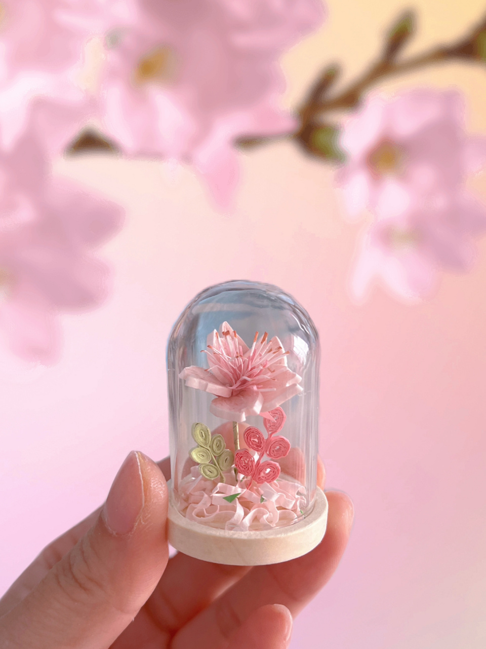 樱花衍纸玻璃罩,原创diy小摆件小礼物 大家都可以做出来的衍纸樱花