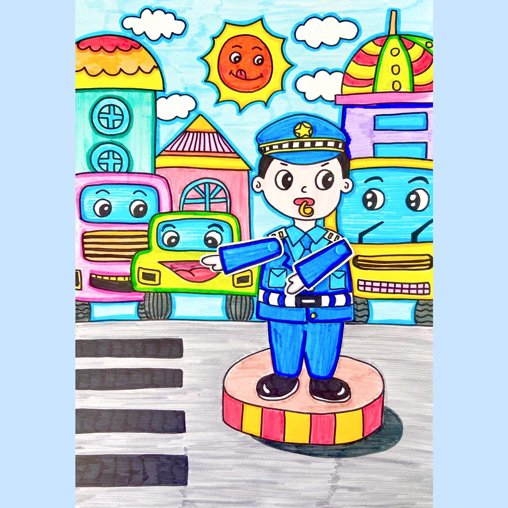 创意儿童画 交警 交警指挥交通