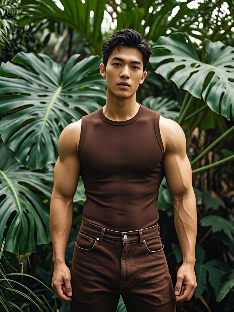 肌肉猛男帅哥壁纸集锦 龟背竹下的青春撩起衣服就是腹肌 男友力爆棚