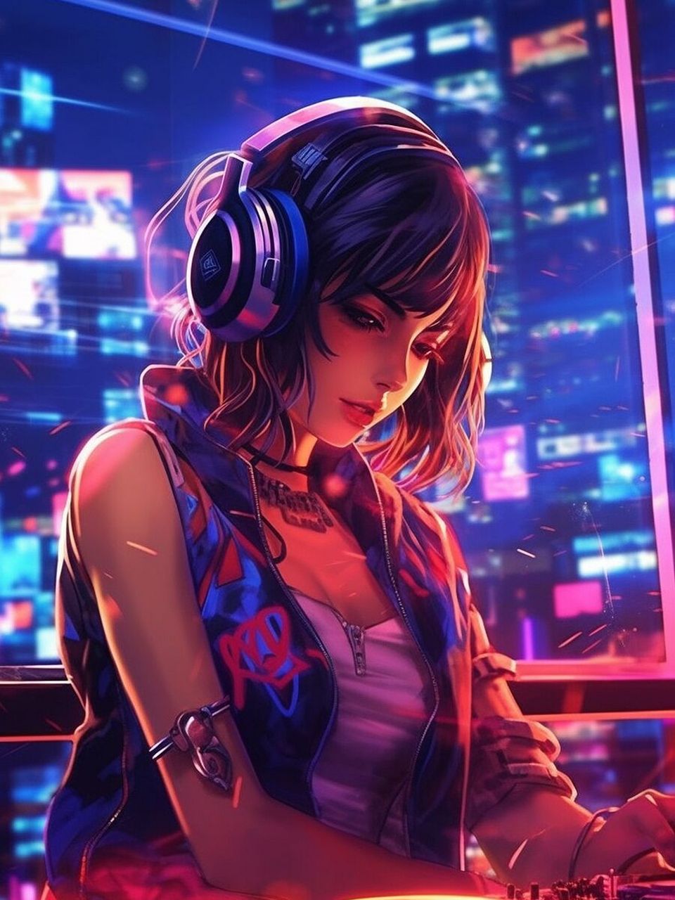 完整关键词 俱乐部的dj甲板霓虹灯上的感性热dj动漫女孩,背景,动漫