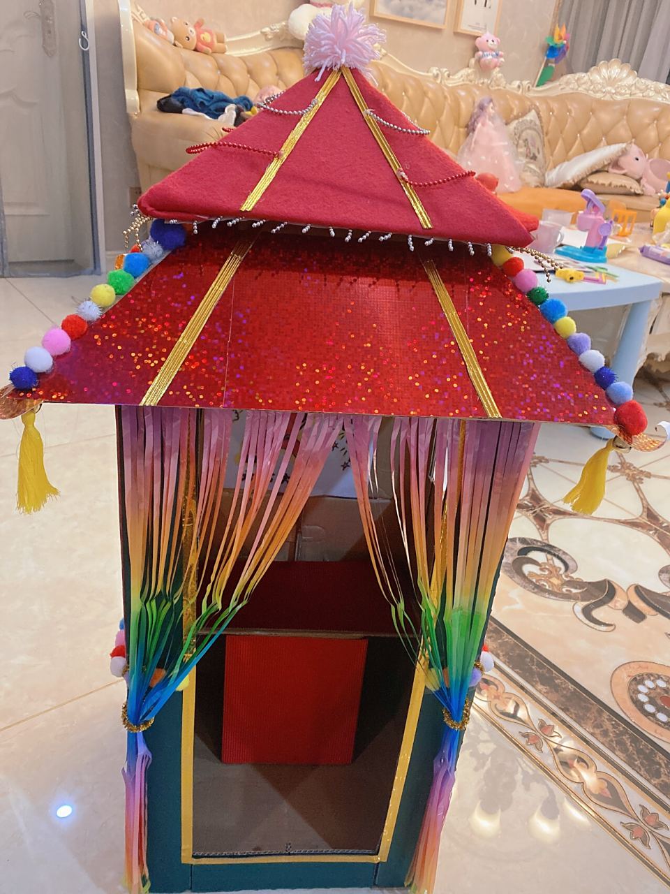 历时两晚的手工花轿 手工制作大花轿,老母亲边做边想,不容易呀