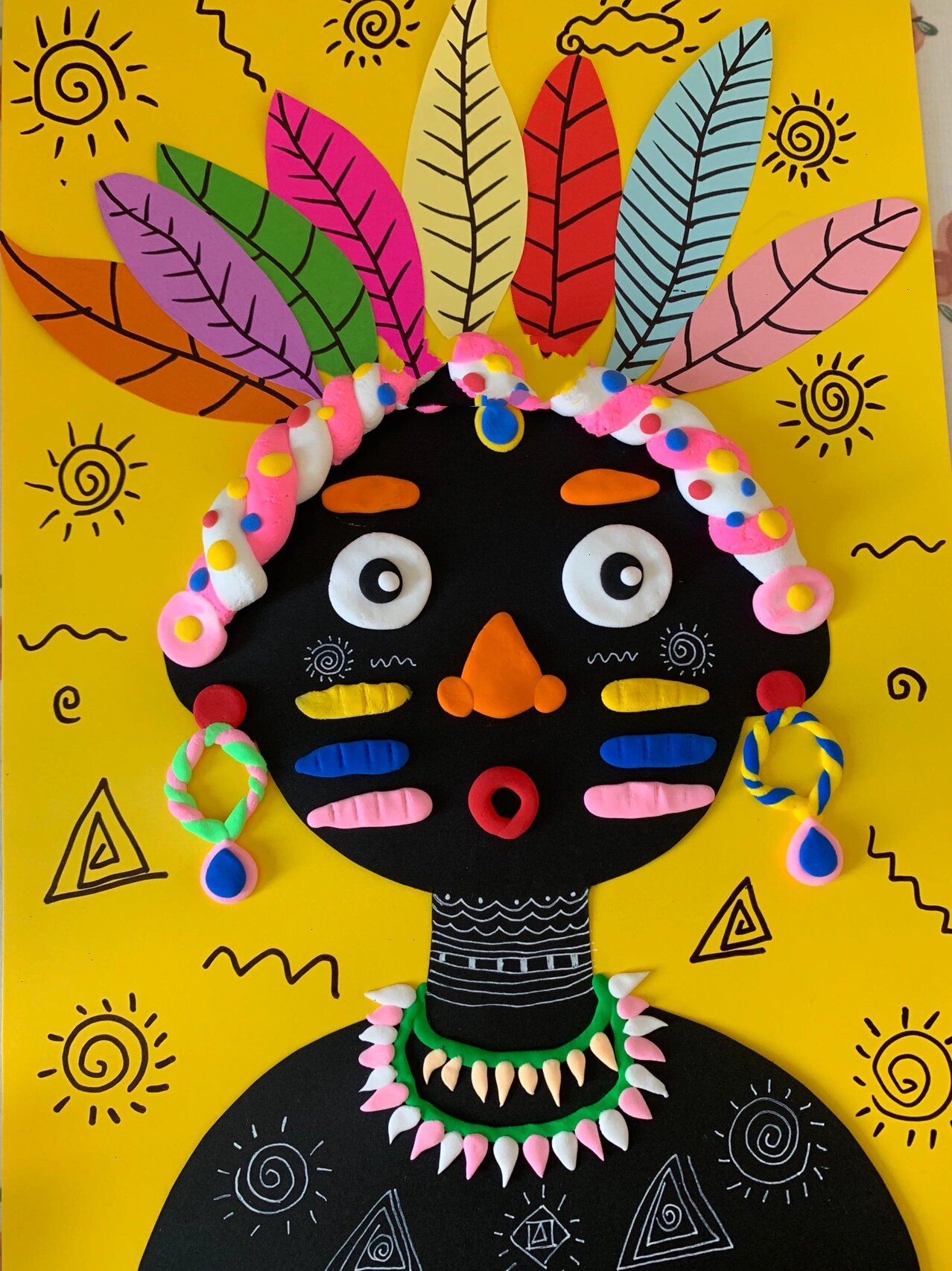 少儿创意美术～印第安人 绘画材料:超轻粘土,彩色卡纸,黑色卡纸,记号