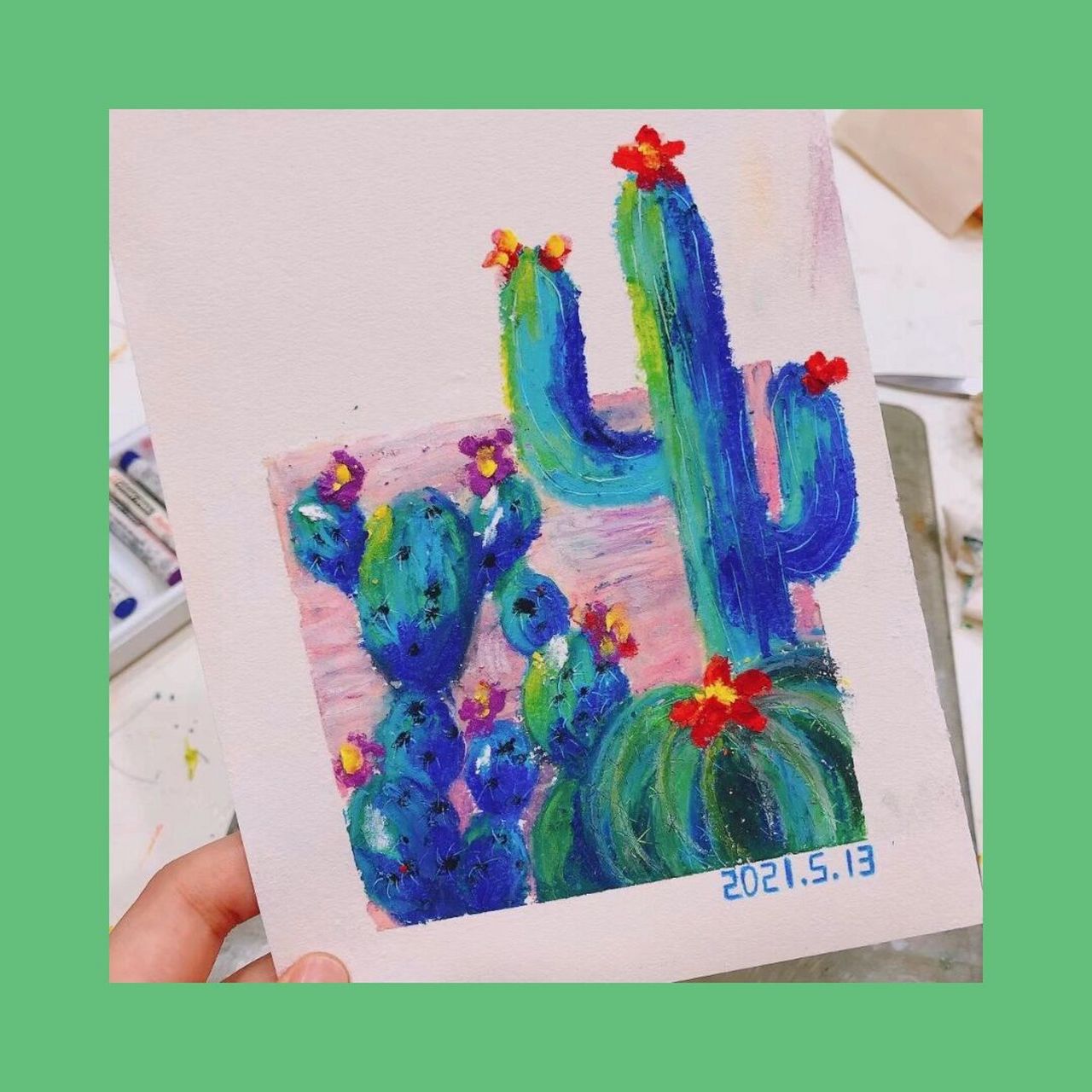 油画棒作品《仙人掌91》 好几个月之前画的了  时间真快呀～继续