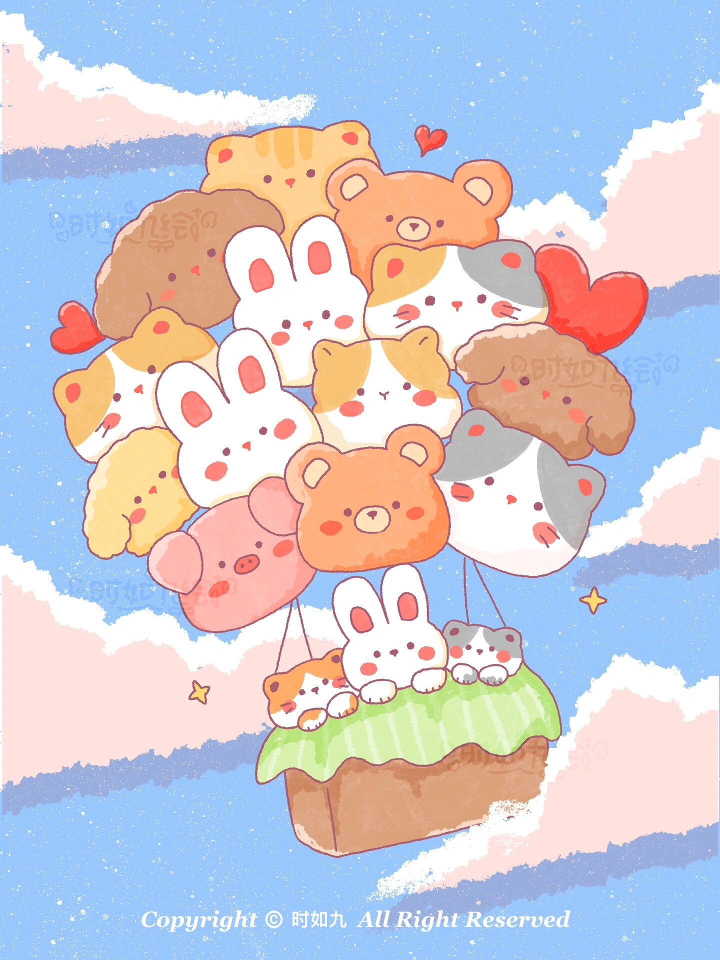 小动物热气球|治愈插画|原创|简笔画