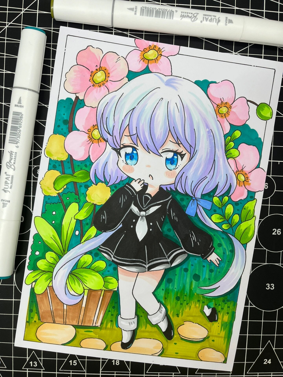 q版动漫女生主题61花丛中少女(附线稿) 初级动漫人物 主题动漫人物