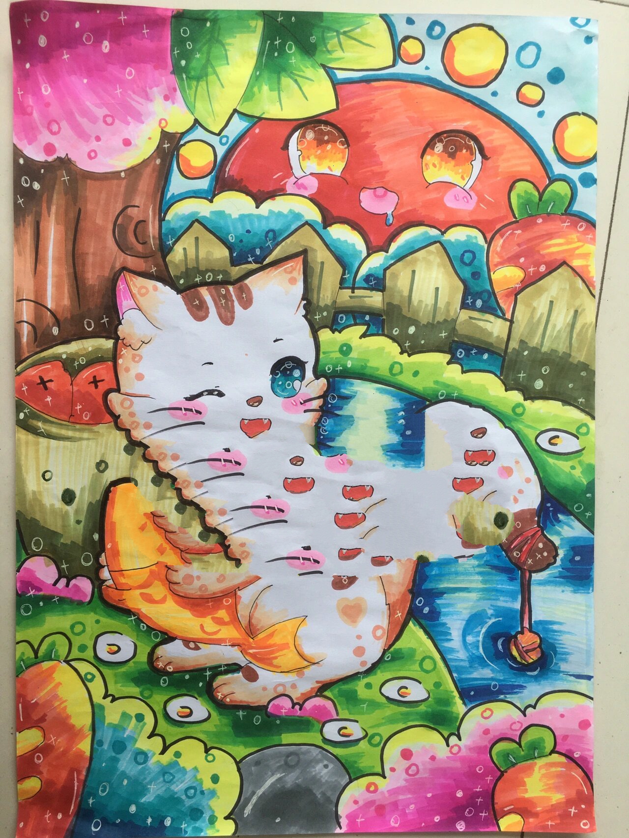 马克笔幼师主题画《小猫钓鱼》附线稿