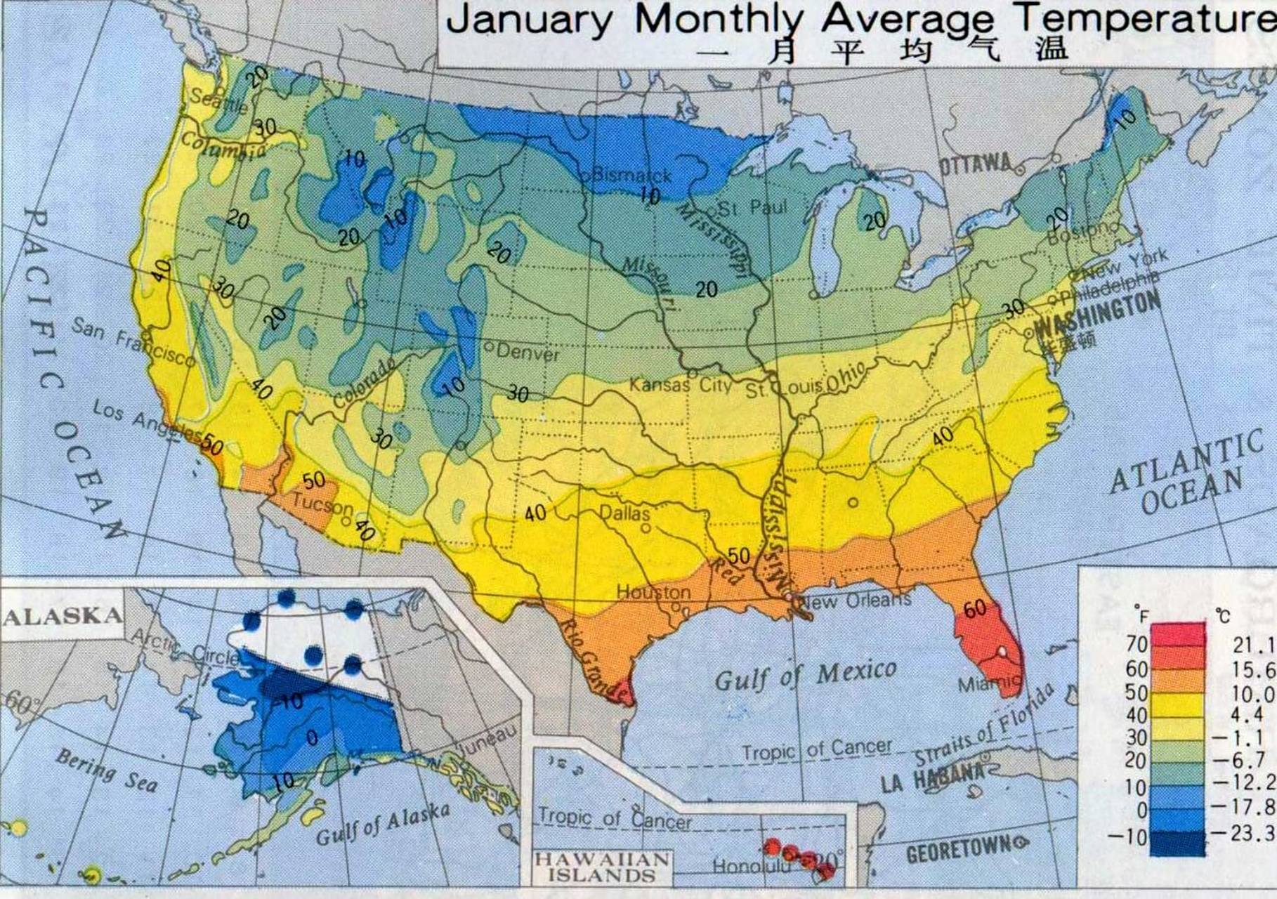 美国一月和七月平均气温分布图 美国由于地形分东中西三大纵列带,西部